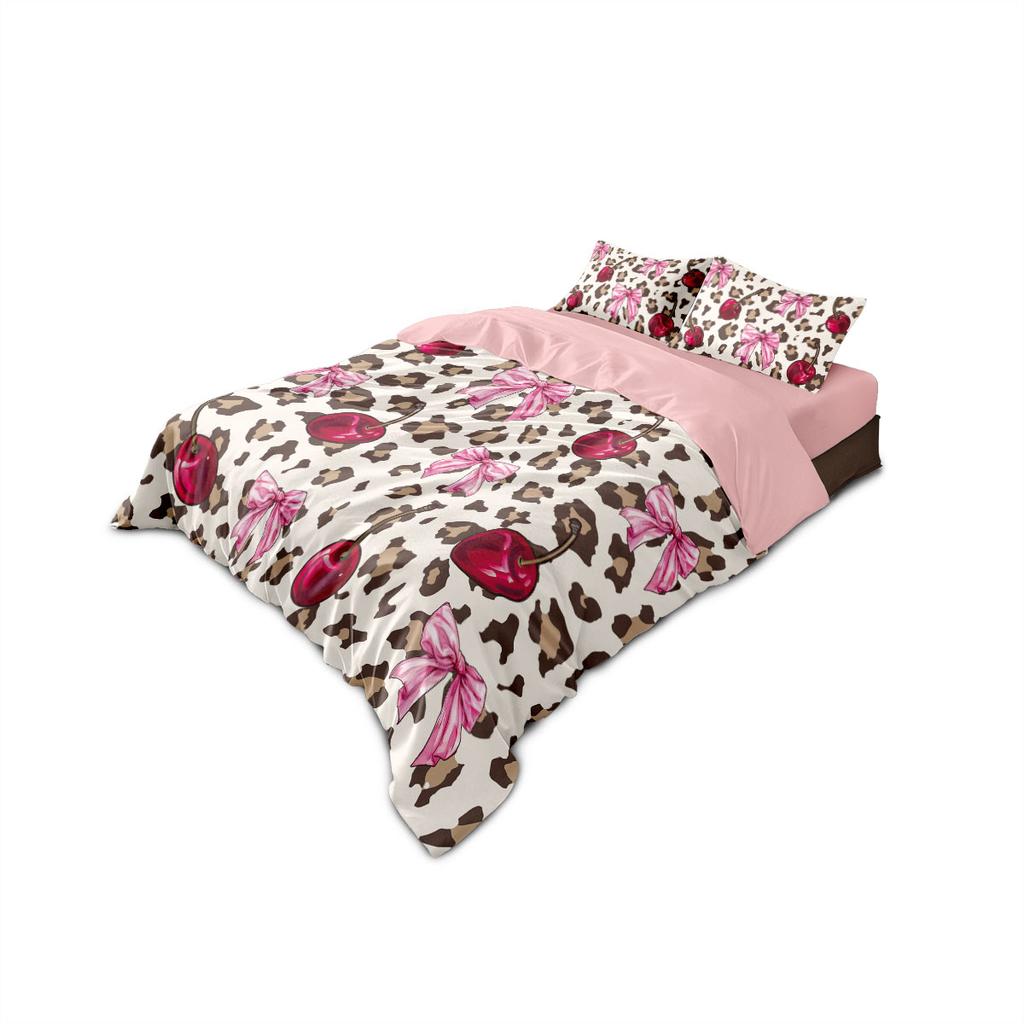 3Pcs Leopard Print Cherry Bow Printed Coreless Duvet Cover Set Multi Size Bedroom Bedding Decoration Machine Washable