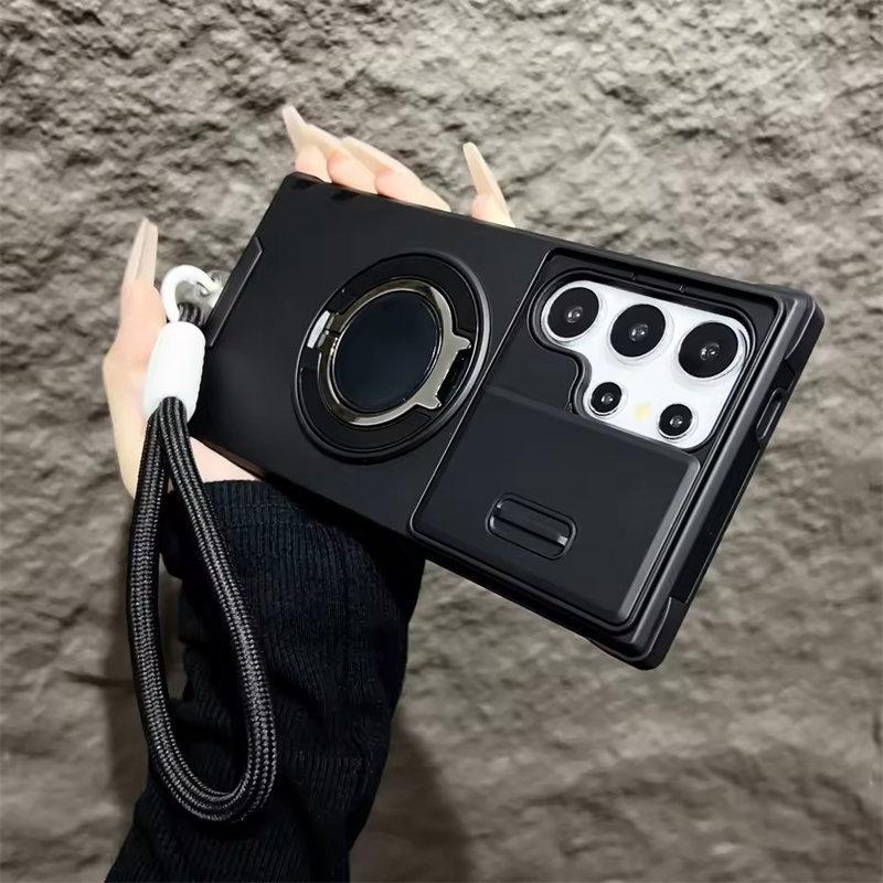 

Чехол Armor Magnetic Bracket Case для Samsung Galaxy S25 S24 S23 S22 S21 Ultra Plus с выдвижным шнурком для камеры, защитный противоударный чехол Samsung S25 Ultra чёрный