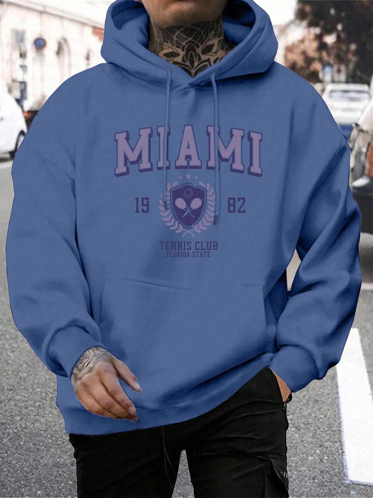 Miami 1982 Letter Print Pullover Men'S Fashion Quality Hooded Warm Casual Hoody Man Simple Loose Tops