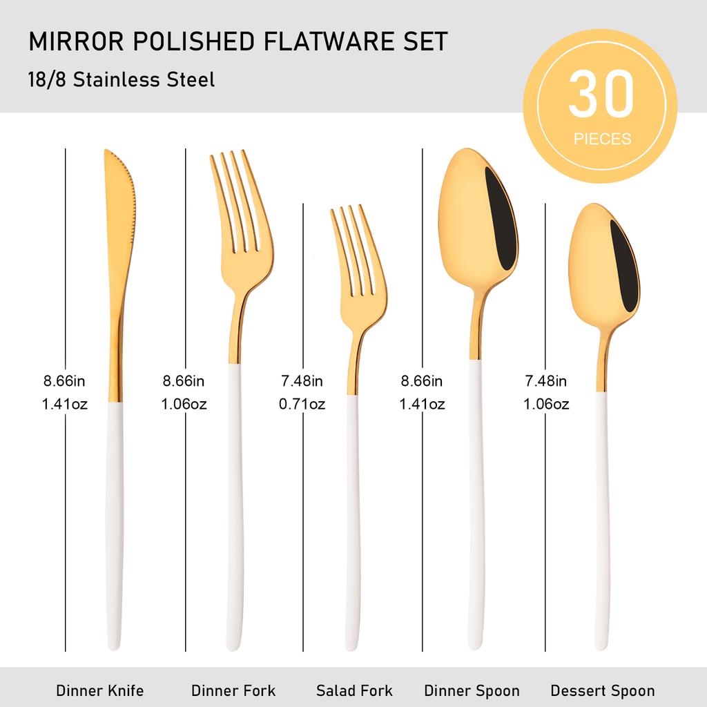White Gold 30Pcs Dinnerware Set Knife Dessert Fork Spoon Tableware Cutlery Set 18/10 Stainless Steel Flatware Silverware Sets