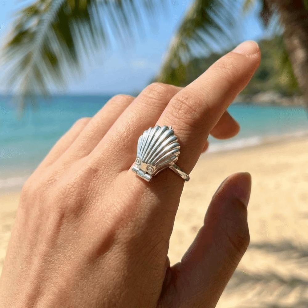 Exquisite Shell Finger Ring Surprise Open-and-close Ring Trendy Artificial Pearl Ring  Hipster