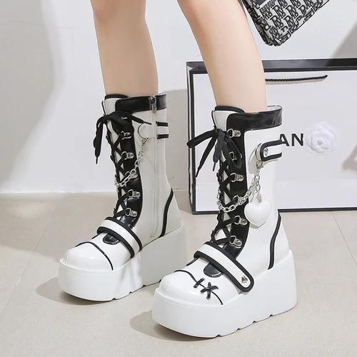 Women's Mid-Calf Boots 2025 New Fashion Chain Punk Boots Autumn 8CM High Heels Chunky Platform Motorcycle Boots for Woman