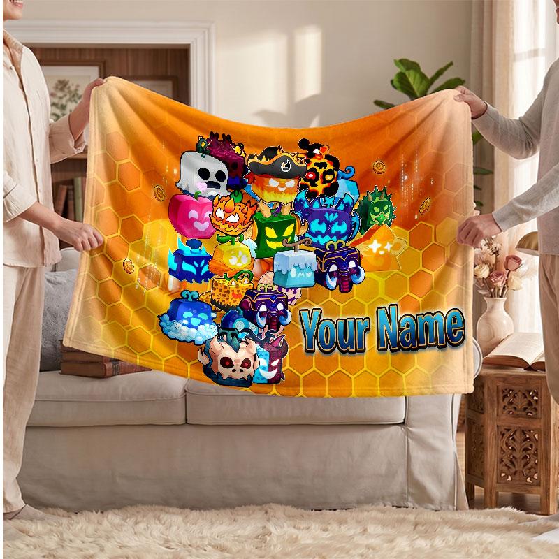 Blox Fruits Personalized Flannel Blanket, Custom Printed Text Name, Warm Soft Blanket For Couch Bed