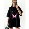 Oversized T Shirt Dress Black Pink Butterfly With Stars And Hearts Print Casual Wear For Women