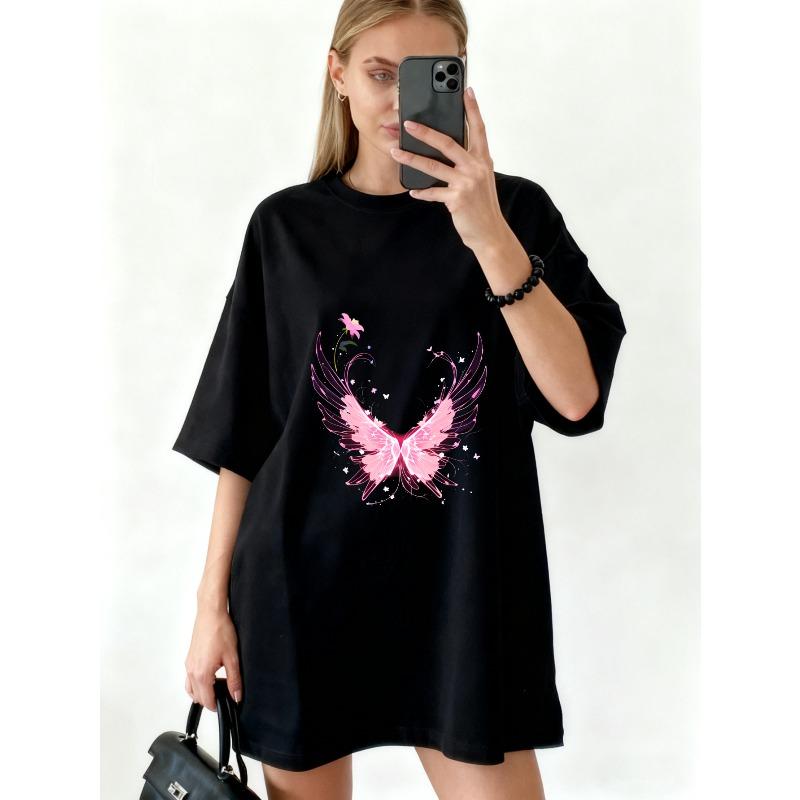 Oversized T Shirt Dress Black Pink Butterfly With Stars And Hearts Print Casual Wear For Women