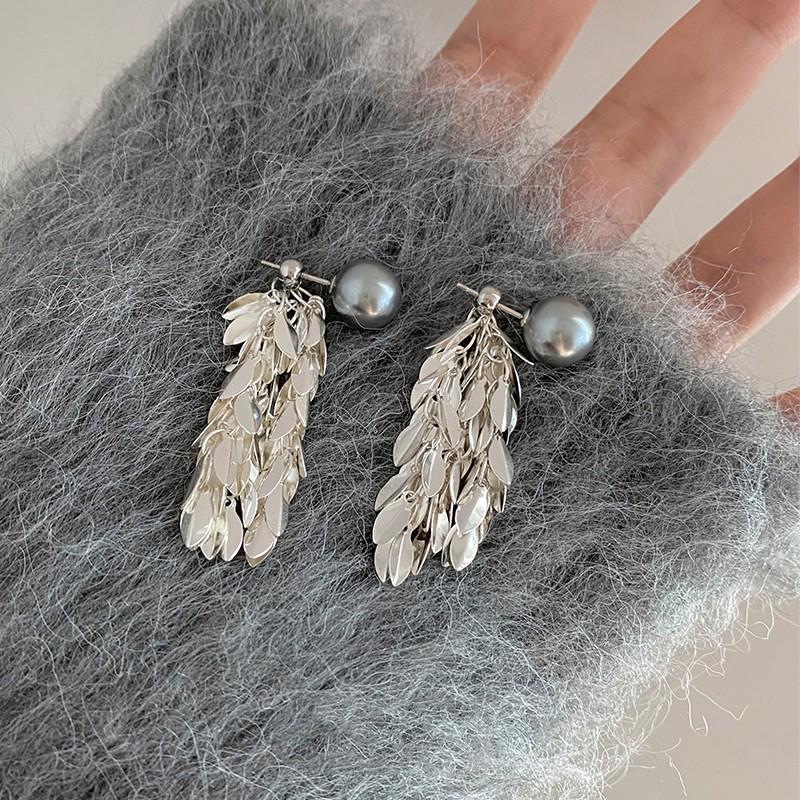 French Silver Needle Geometric Pearl Tassel Earrings - Luxurious Fashion Earrings with High-End Design