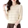 Women's Early Autumn Pink Cutout Knitwear: Gentle Style, Loose Fit, Slimming, Round Neck, Long Sleeve Top.