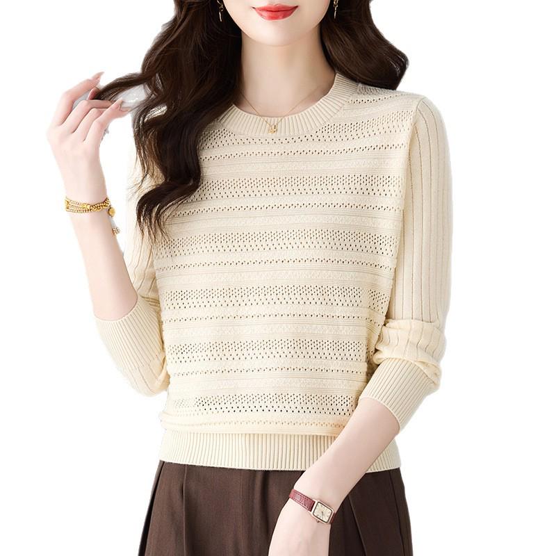Women's Early Autumn Pink Cutout Knitwear: Gentle Style, Loose Fit, Slimming, Round Neck, Long Sleeve Top.
