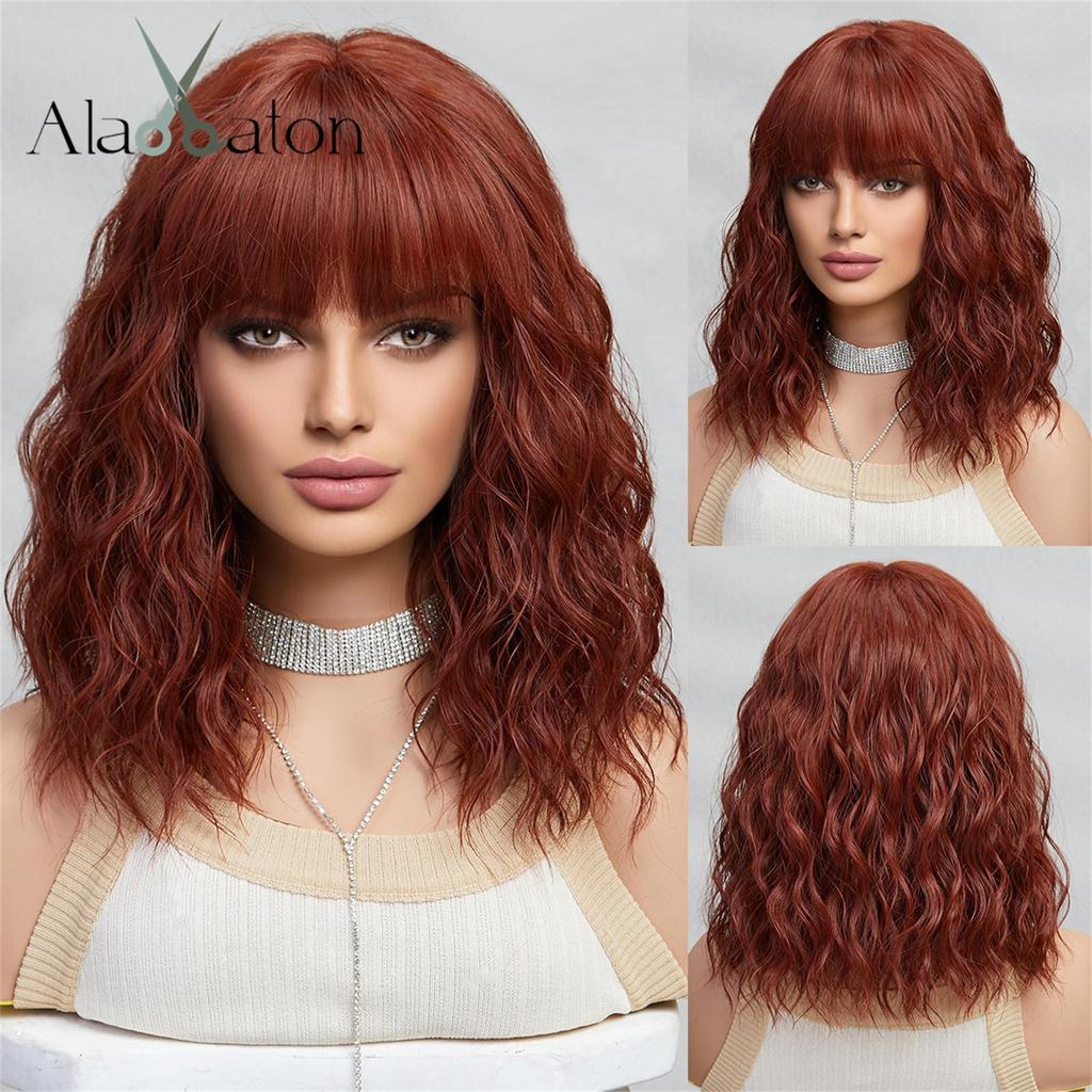 ALAN EATON Short BOB Synthetic WIGS Orange Brown Curly Wig with Bangs for Women Cosplay Daily Party Heat Resistant Fiber Wig