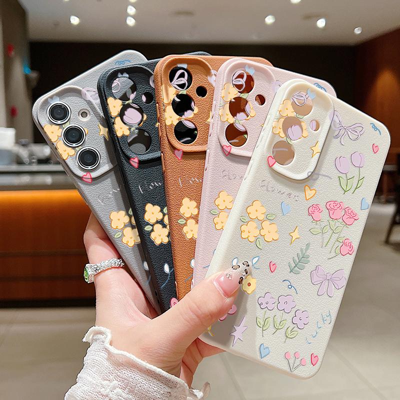 Cartoon Floral Bowknot Print Slim Phone Case For Samsung S25 S24 FE S23 Ultra A36 A56 A16 A55 A26 A35 Leather Texture TPU Soft Shockproof Matte Cover