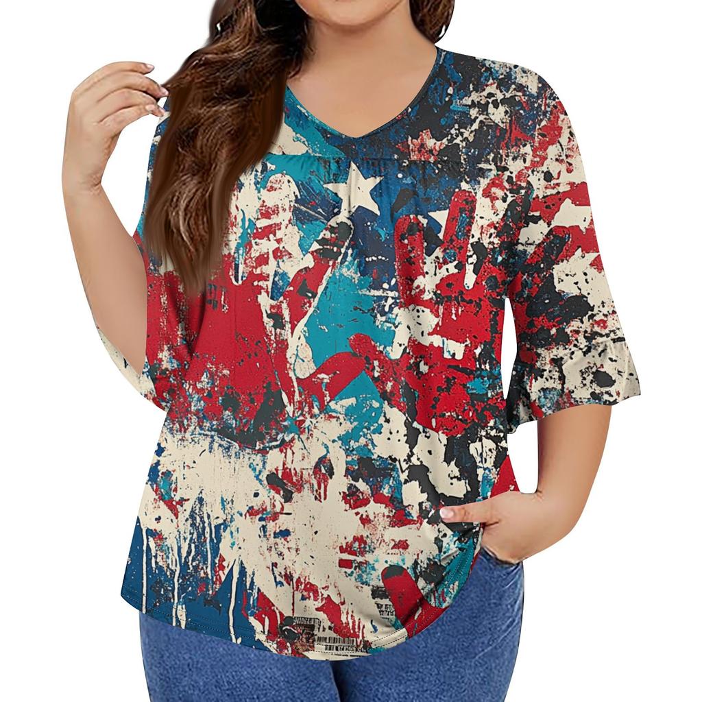 Women's Fashion Casual V-Neck Seven Sleeve Ruffle Sleeve Independence Day Printed T-Shirt Tops Plus Size Women's