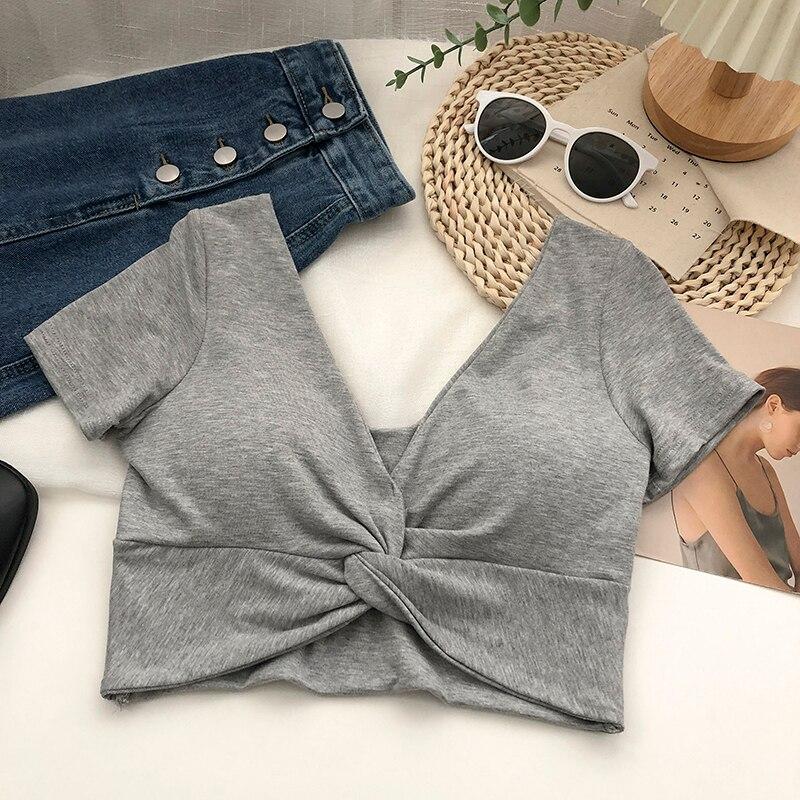 Sexy crop topy pro ženy, vestavěná podprsenka, výstřih do V, letní odhalené rameno, štíhlé tričko pro ženy, roztomilé pletené topy