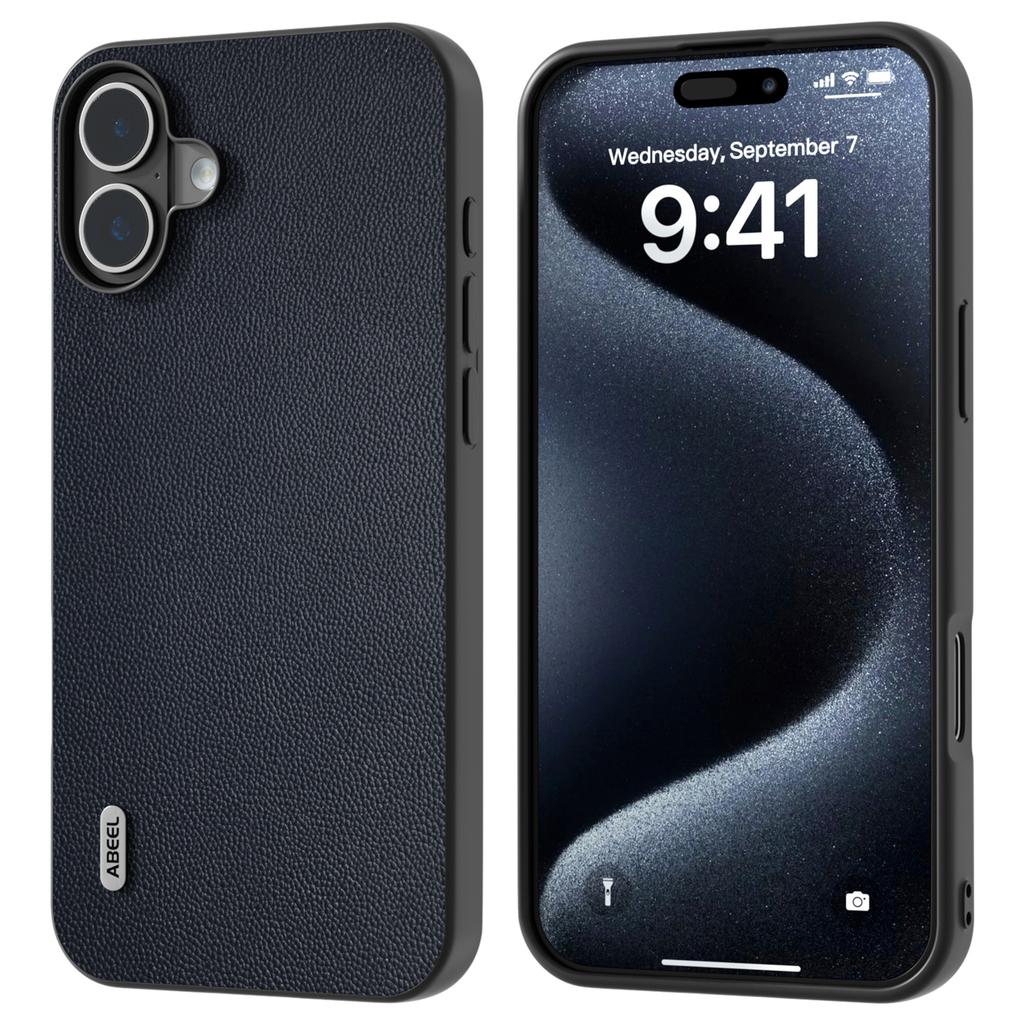 For iPhone 16 Plus Case Genuine Cow Leather Coated PC+TPU Phone Cover
