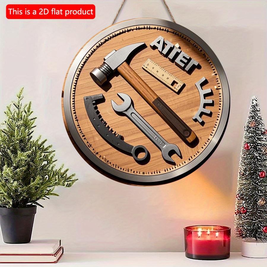 2D Flat 20cm 1pc Dad Father's Day Carpenter tool elements Round Wooden Wall Hanging Decor present, Hammer wrench ruler and Gear pattern Wooden Pendant