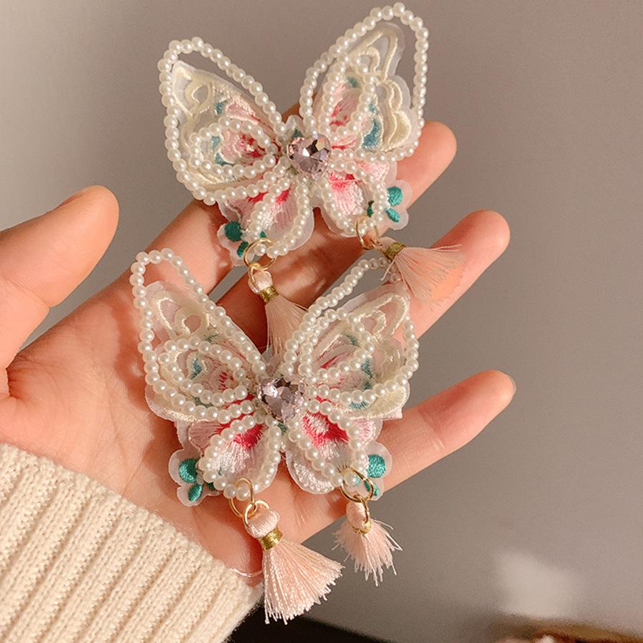 Fabric Pearl Butterfly Fringed Hairpin Women's Fashion Light Luxury Side Duck Bill Clip Sweet Versatile Hair Accessories Headgear