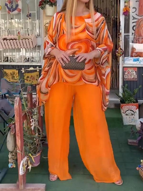 2024 Sommer Buntes Damen Chiffon Zweiteiler mit Lässigem Rundhals Print