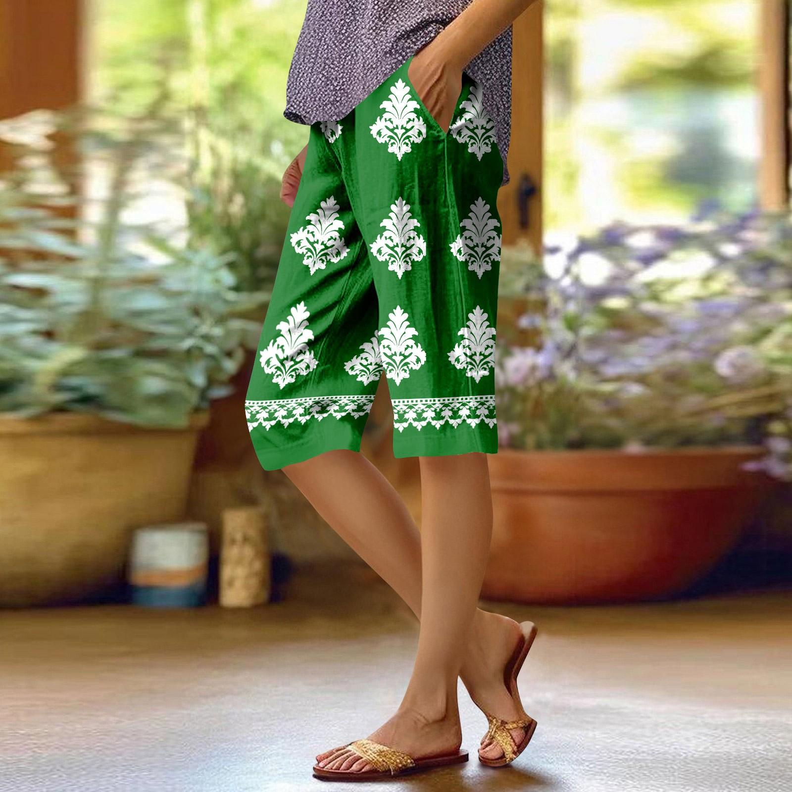 

Женские модные повседневные брюки 5/10 с напечатанным карманом и эластичной талией XL темно-зеленого