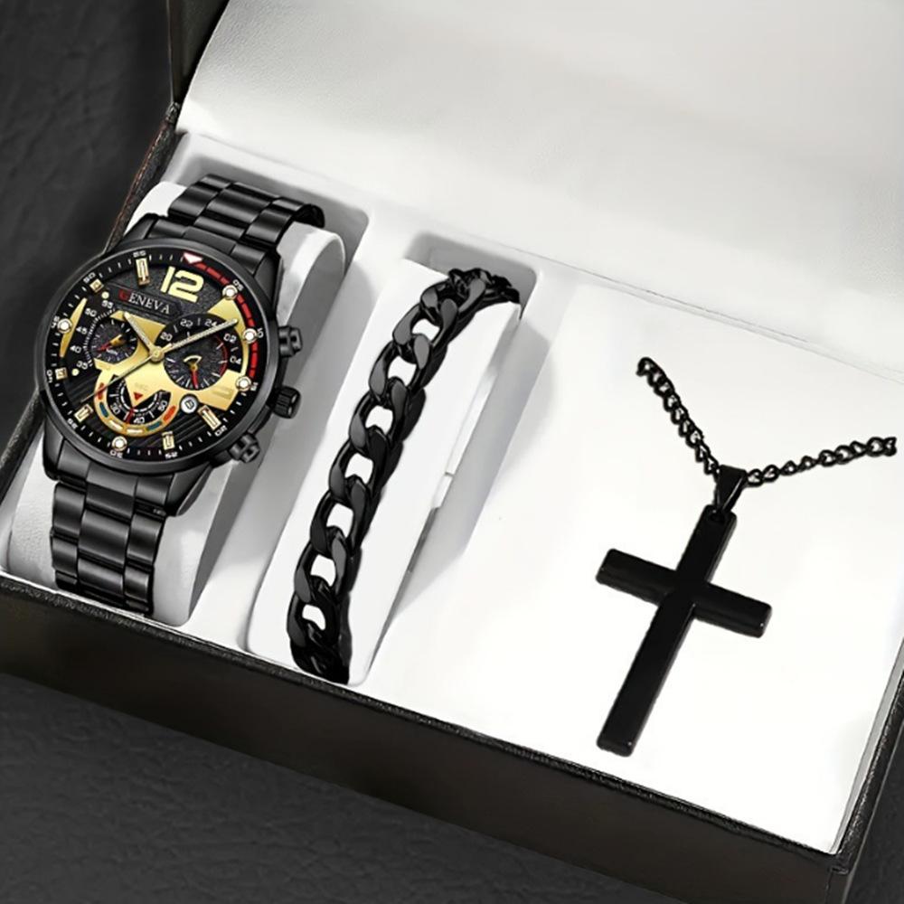 Men's Business Trend 3pcs/set Three-eye Single Calendar Steel Belt Watch + Bracelet + Cross Bracelet Set
