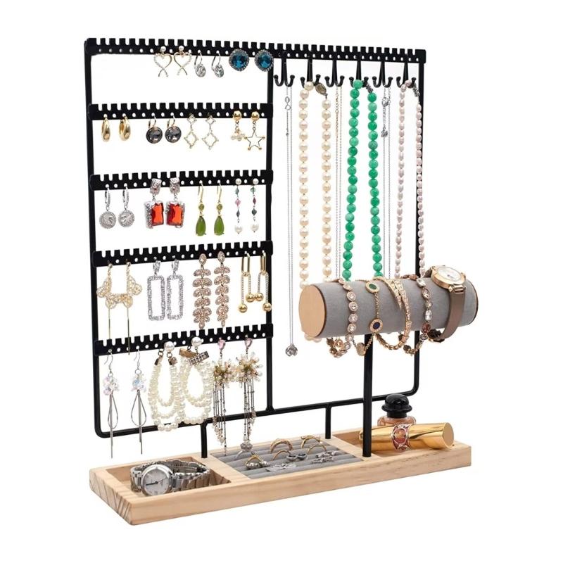 Organisateurs de bijoux élégants Support à colliers et boucles d'oreilles multicouches avec plateau en bois naturel pour la décoration de la maison