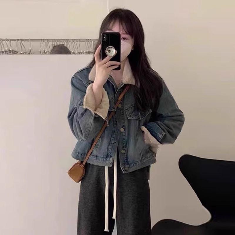 

Новый стиль Супер Милая Маленькая Ароматная Стильная Плюс Бархатное Утепление Ретро Синяя Джинсовая Куртка для Женщин Осень и Зима S