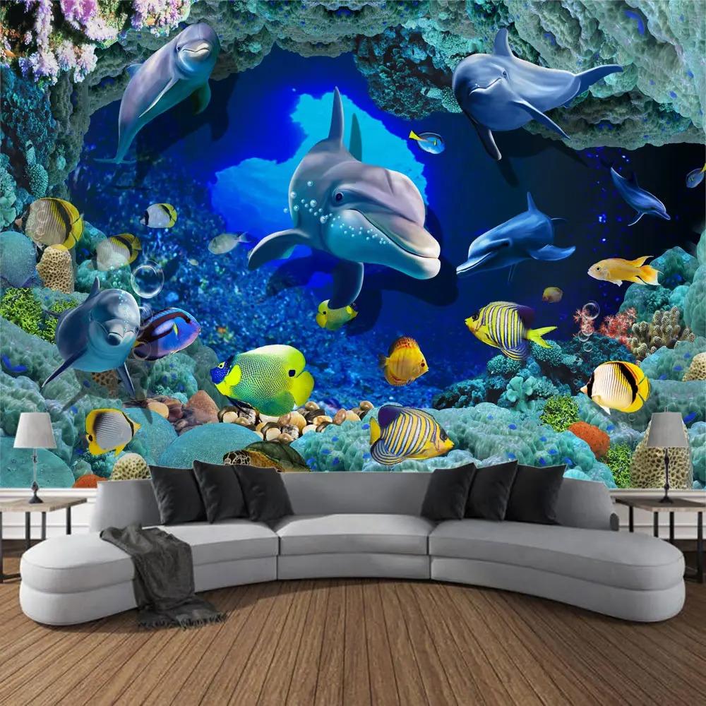 Undersea print pattern tapestry psychedelic room wall hanging cloth ocean coral dolphin home decoration cartoon mural cloth