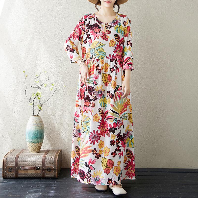 2024 Early Autumn Floral Print Retro Cotton Linen Maxi Dress