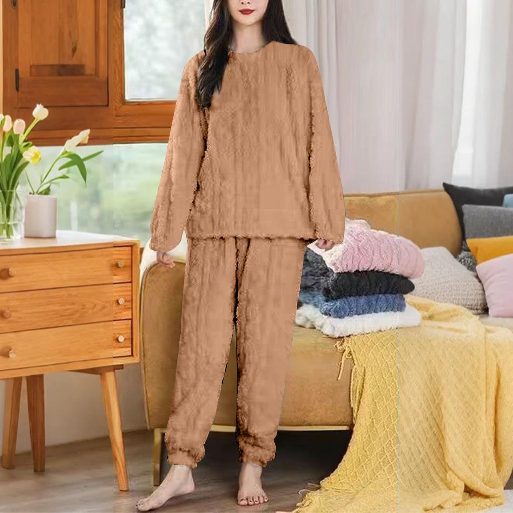 Set Pigiama da Donna con Fodera in Pile e Ispessito, Girocollo, Pantaloni Lunghi