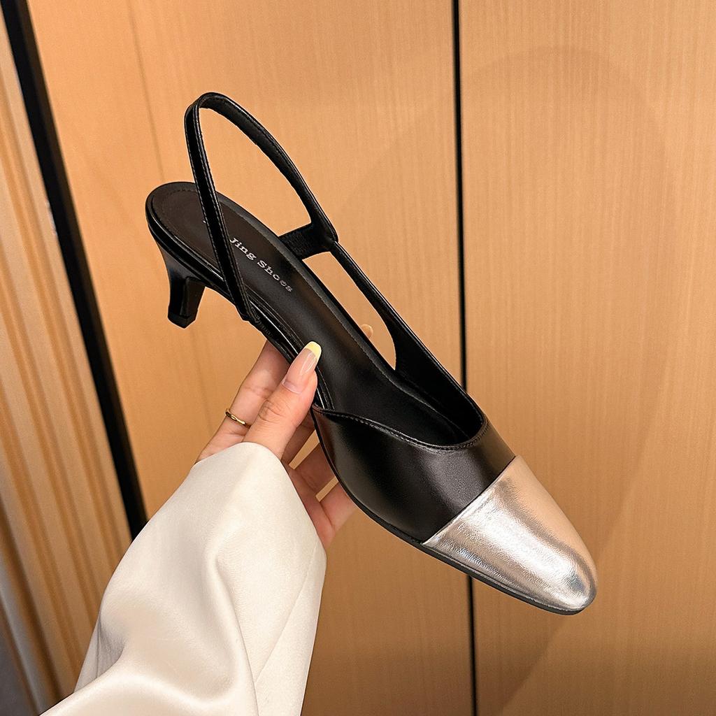 937-2 Französische Retro-Farbblock-Sandalen mit dicken Absätzen und leeren quadratischen Zehenpartien, Damenschuhe mit kleinem, duftendem Temperament