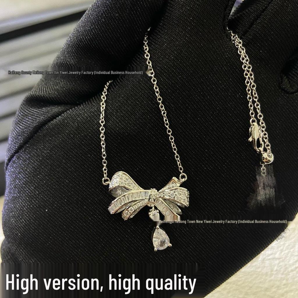 Elegant Gejia Bow Necklace for Women with Full Diamond Tassel Pendant - Versatile Luxury Clavicle Chain