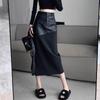 High-Waist PU Leather Black Midi Skirt - Autumn/Winter 2025 A-Line Design