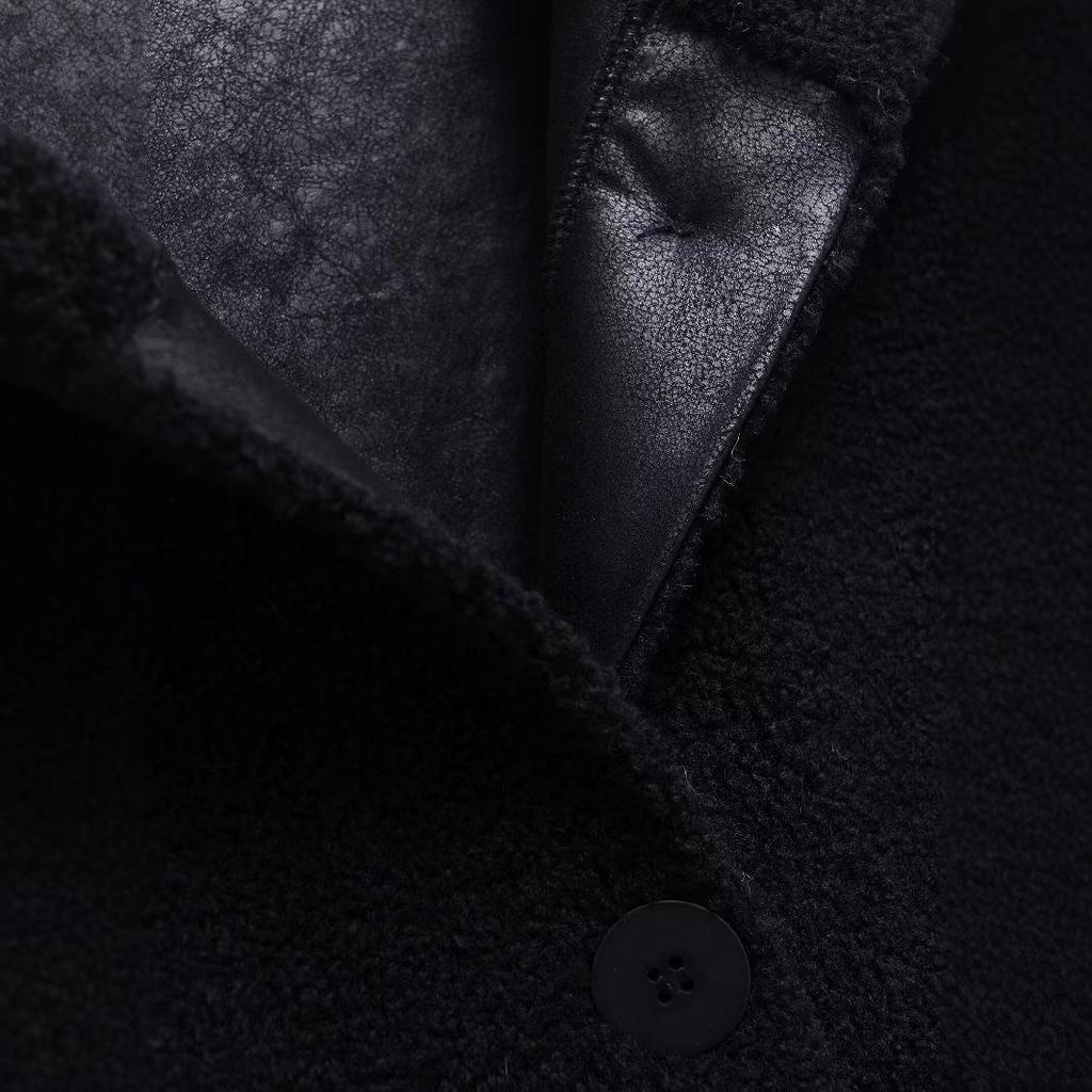 2024 Autumn/Winter Black Casual Fleece Long Sleeve Stand Collar Overcoat Jacket