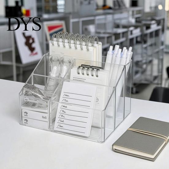 Acrylic Organizer for School Supplies Desk Organizer, Multi Compartments Pen Pencil Holder, Clear Desktop Storage Workstation Organization Drawer Box,