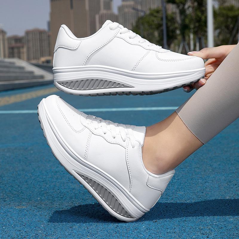 Fashion PU Leather Women's Platform Shoes Non-slip Rocker Shoes Walking Running Sports Shoes Wedge Heels