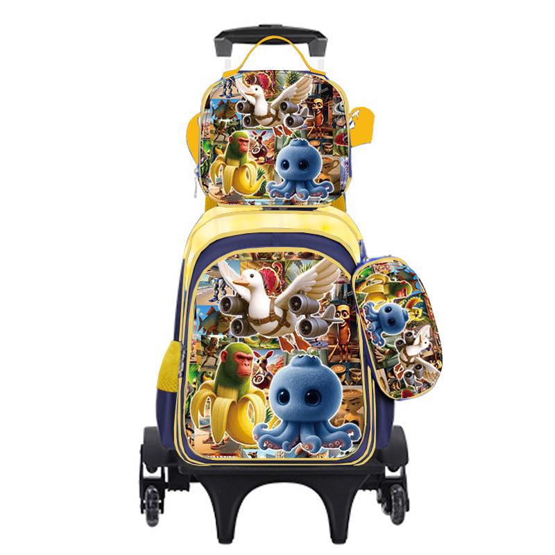 Cute Cartoon Double-Shoulder Backpack with Two-Wheel and Six-Wheel Options, 3-Piece Set for Primary School Students