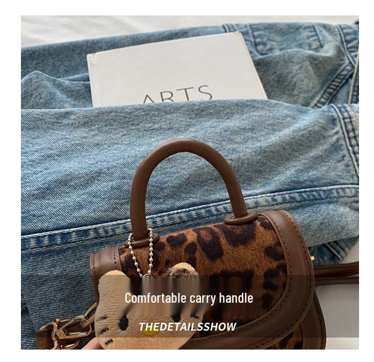 Korean Style Leopard Print Girls' Shoulder Bag - Cute Cat Design Fashionable Crossbody Handbag