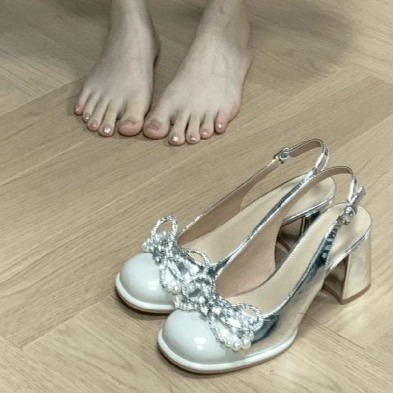 One Strap Block Heel Sandals Summer New Round Toe Shallow Slip Rhinestone Bow Non-Slip Pumps