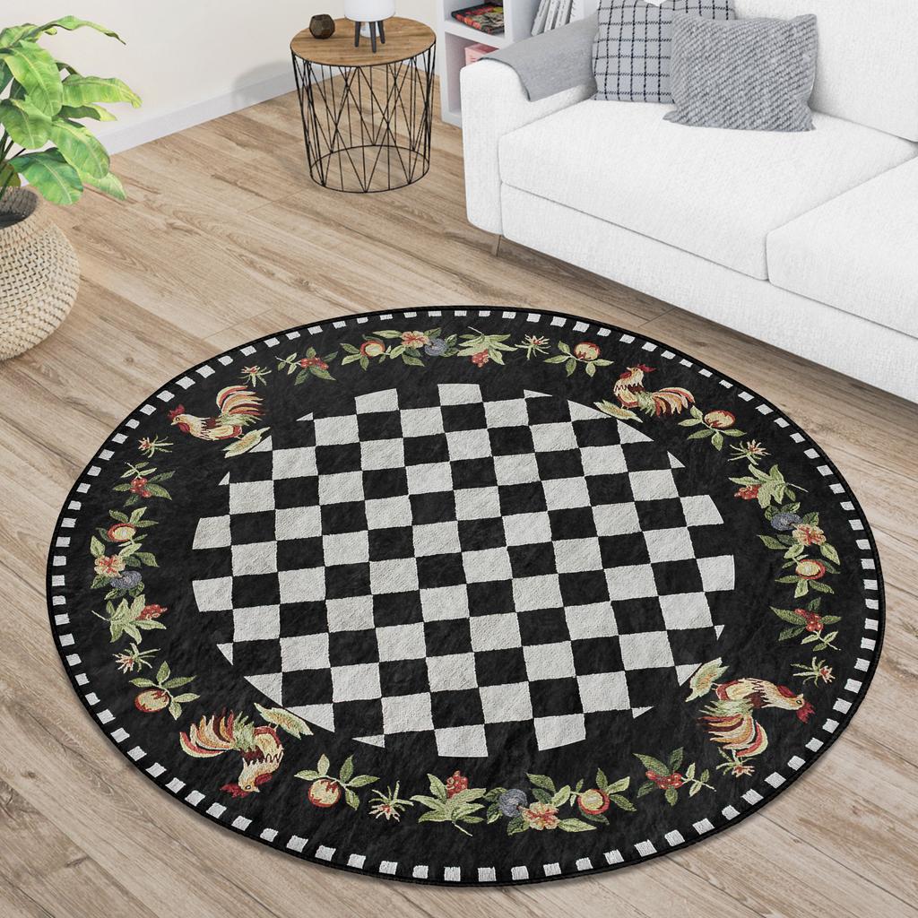 Checky Round Rug Country Floor Carpet Moroccan Non Slip Circle Rugs Rooster Rug Chicken Area Rugs Black Rug For Living Room