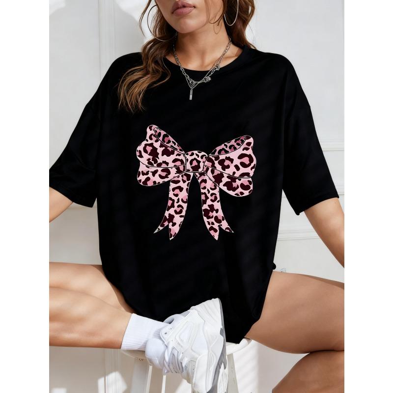 Oversized T-Shirt with Pink Leopard-Print Bow Print – Sweet-Edgy Color-Block Girly Top