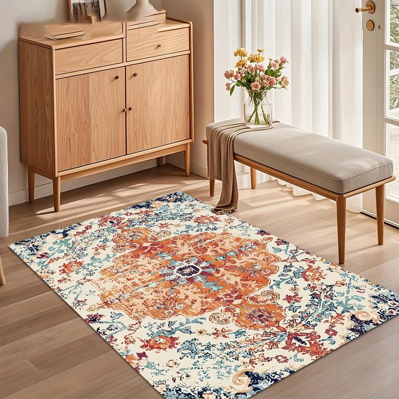 Vintage Bohemian Medallion Area Rug with Orange and Teal Floral Patterns Non Slip Floor Carpet for Bedroom Living Room Hallway 40X60cm