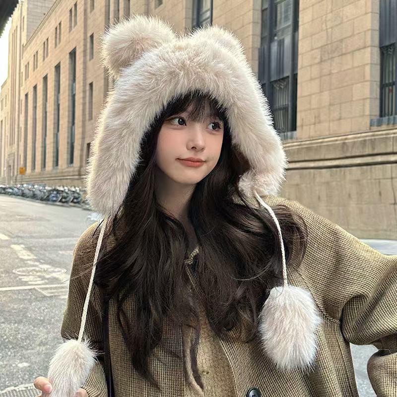 1Pcs Thicken And Warm Ear Protection Wind And Snow Hat Plush Little Bear Lei Feng Hat Winter New Women'S Plush Cute Bear Ear Hat