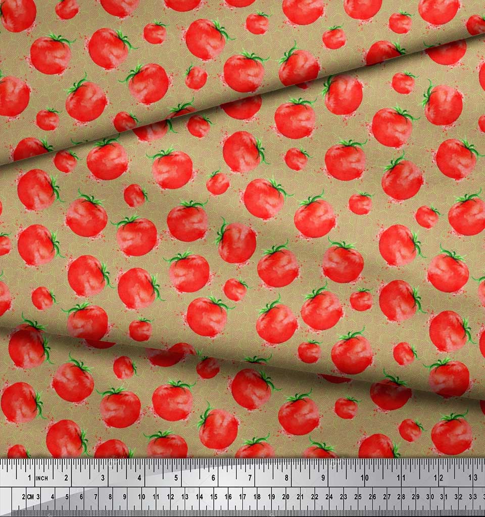 Soimoi Green Poly Crepe Fabric Tomato Vegetable Print Fabric by the metre 42 Inch
