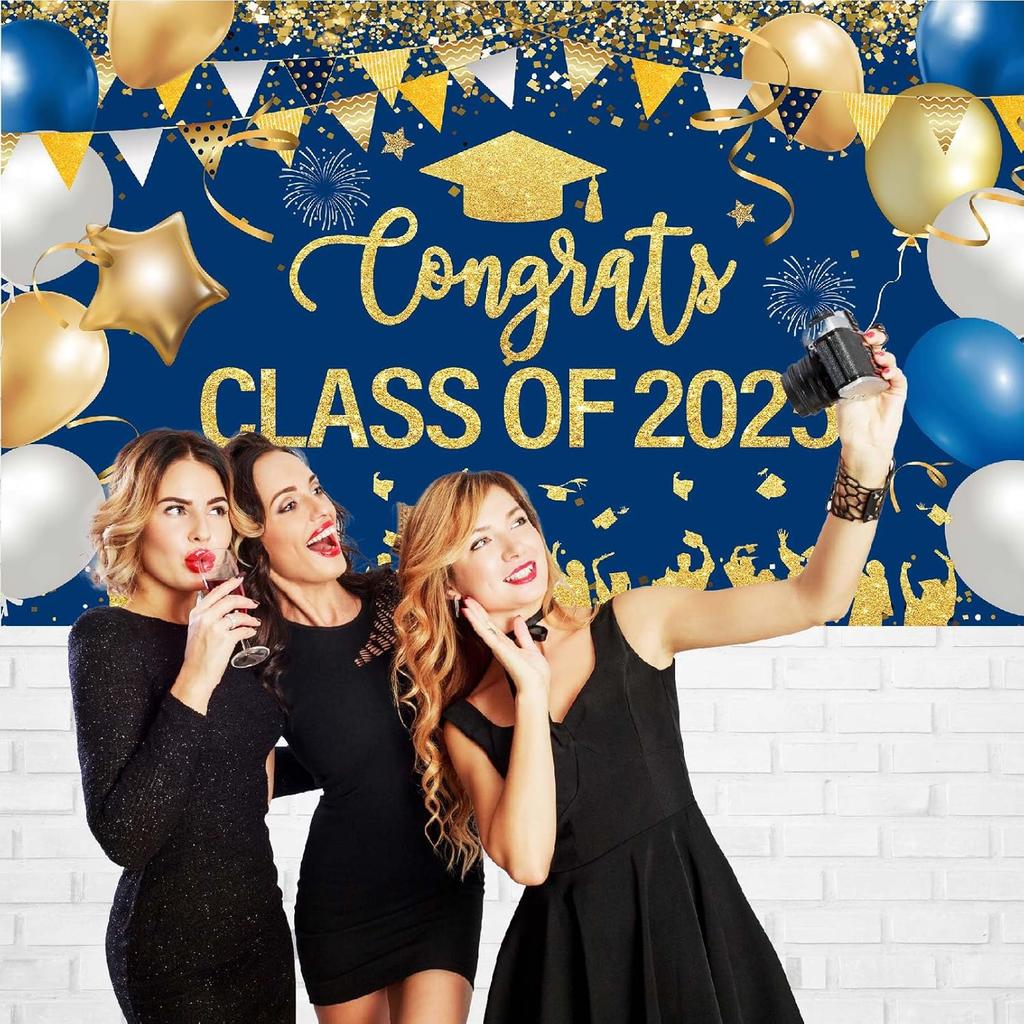 Congrats Class of 2025 Banner Blue Gold Graduation Decorations - Large 2025 Graduation Photo Backdrop, Navy Blue Congratulations Banner Grad Party