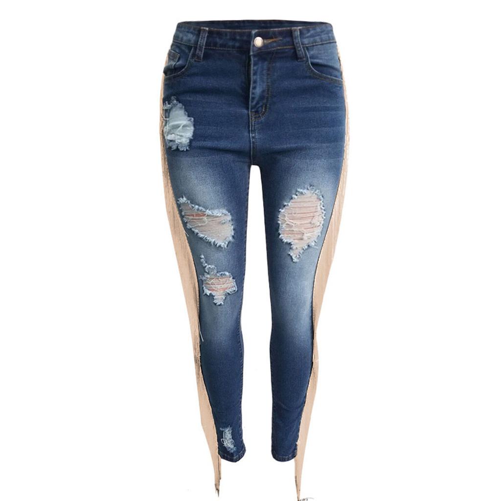 Fashion Women High Waist Hole Tassel Button Zipper Pocket Denim Jeans Sexy Pants