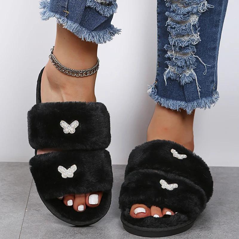 Fashion Stylish Thicken Plush Flat Slippers for Women House Bow Knot Decor Flat Slippers Woman Winter Non Slip Comfort Sandals Female