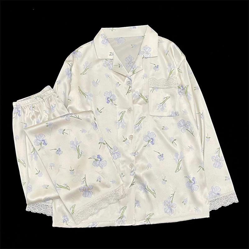 Light Blue Phalaenopsis Flower Print Women's Pajamas French Elegant Fresh Fashion Lounges Simulated Silk Lady Sleepwear