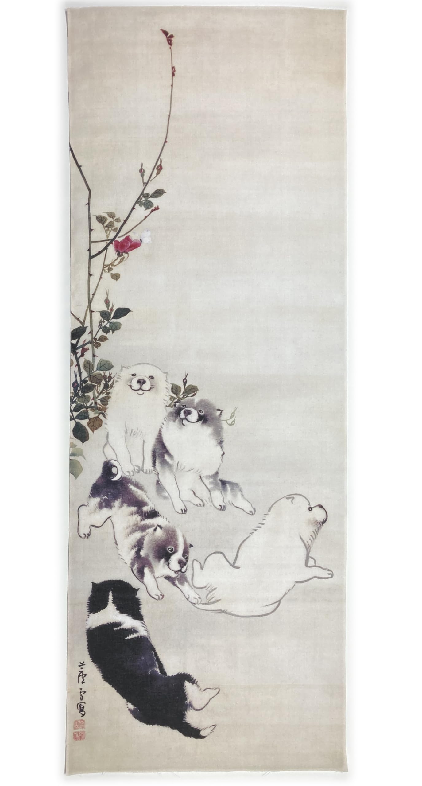 

Tenugui hand by Nagasawa featuring a butterfly and dog design Kokintozai (Japanese towel) Rosetsu, rose, (vertical pattern)