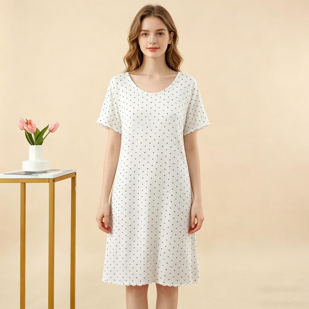 Damen Sommer Modal Pünktchen Rüschen Kurzarm Midi Kleid Übergröße Schmeichelnd Lockerer Schnitt Nachthemd Lässiges Nachthemd Loungewear Kleider
