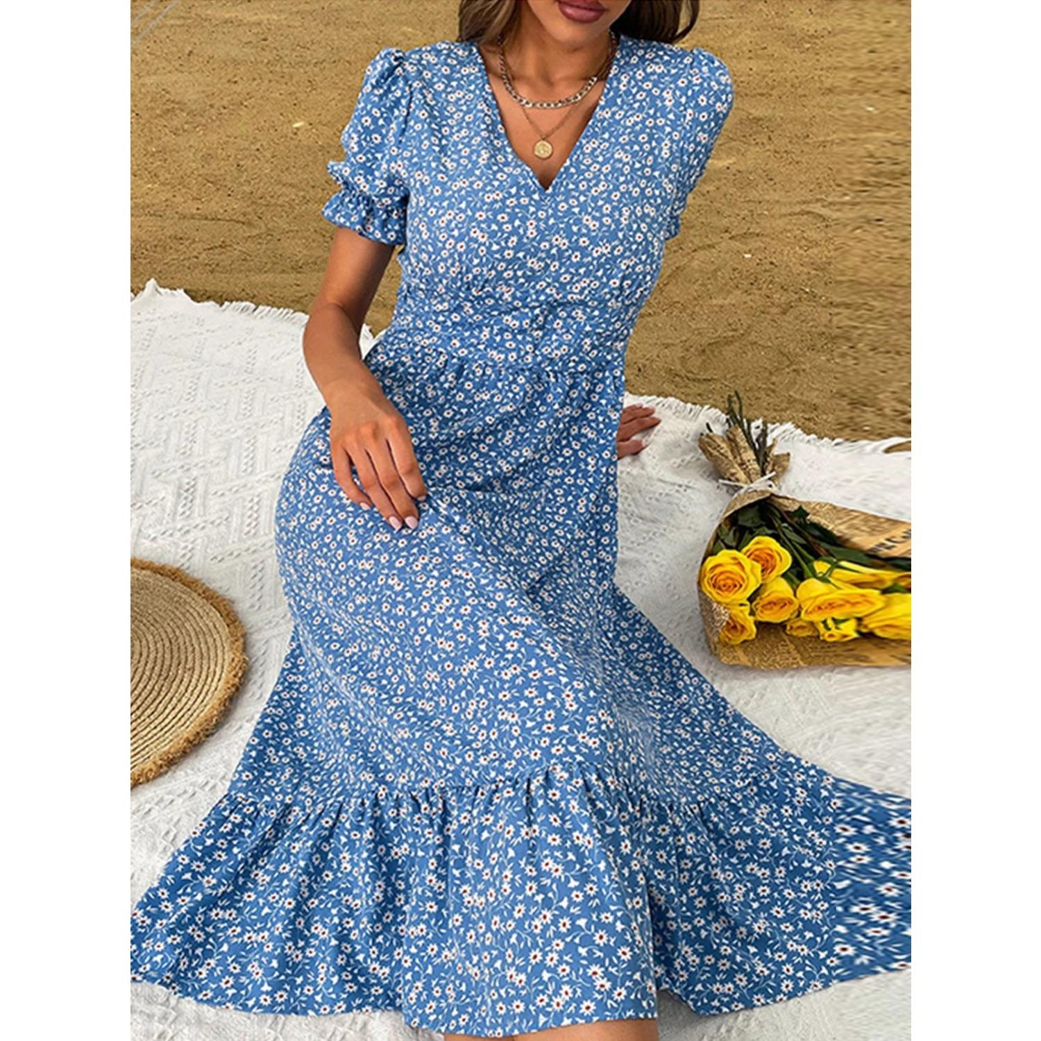 

2025 Новый тренд утягивающего платья с талией, свободное удобное платье, женская мода, элегантное платье, весна-лето, принт XXL синий