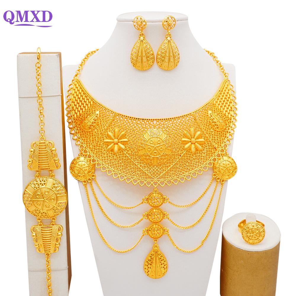 Luxury Dubai Gold Color Jewelry Sets African Bridal Wedding Flower Jewelry Sets Necklace Bracelet Earrings Ring Set Lady Gift