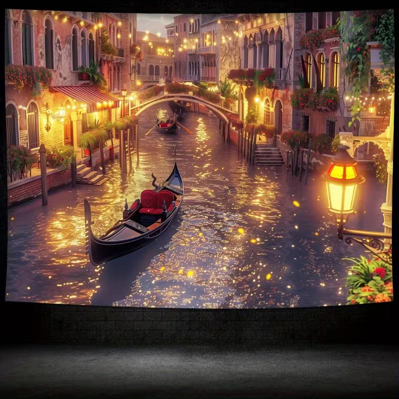 Arazzo 2D Città sull'Acqua di Venezia, Gira in Gondola Notturna e Case sui Canali Wall Art per Arredamento Casa